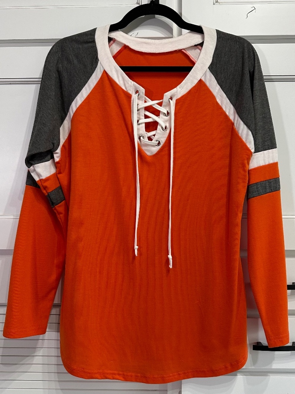 Lace Up V- Neck Orange Casual Blouse long sleeve t-shirt top size L / XL
